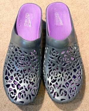 Dansko Pippa Clogs EU41 US 10.5-11 Pewter Gray Purple Floral Laser Cut Out Mules